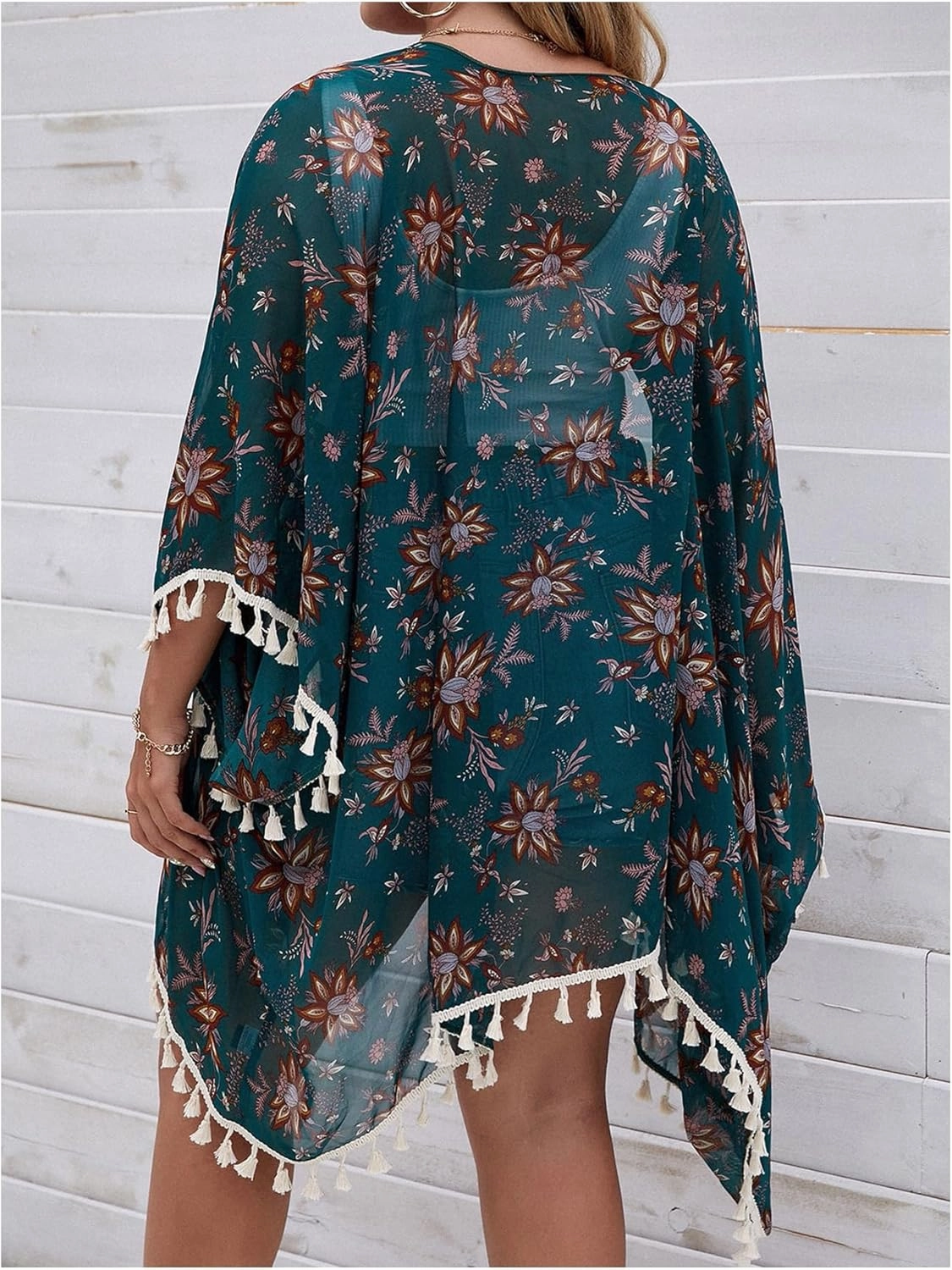 Women's Plus Size Floral Beach Cover Ups Swimsuit 3/4 Sleeve Tassel Kimonos Beachwear