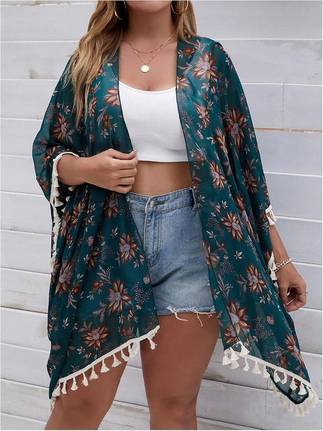 Women's Plus Size Floral Beach Cover Ups Swimsuit 3/4 Sleeve Tassel Kimonos Beachwear