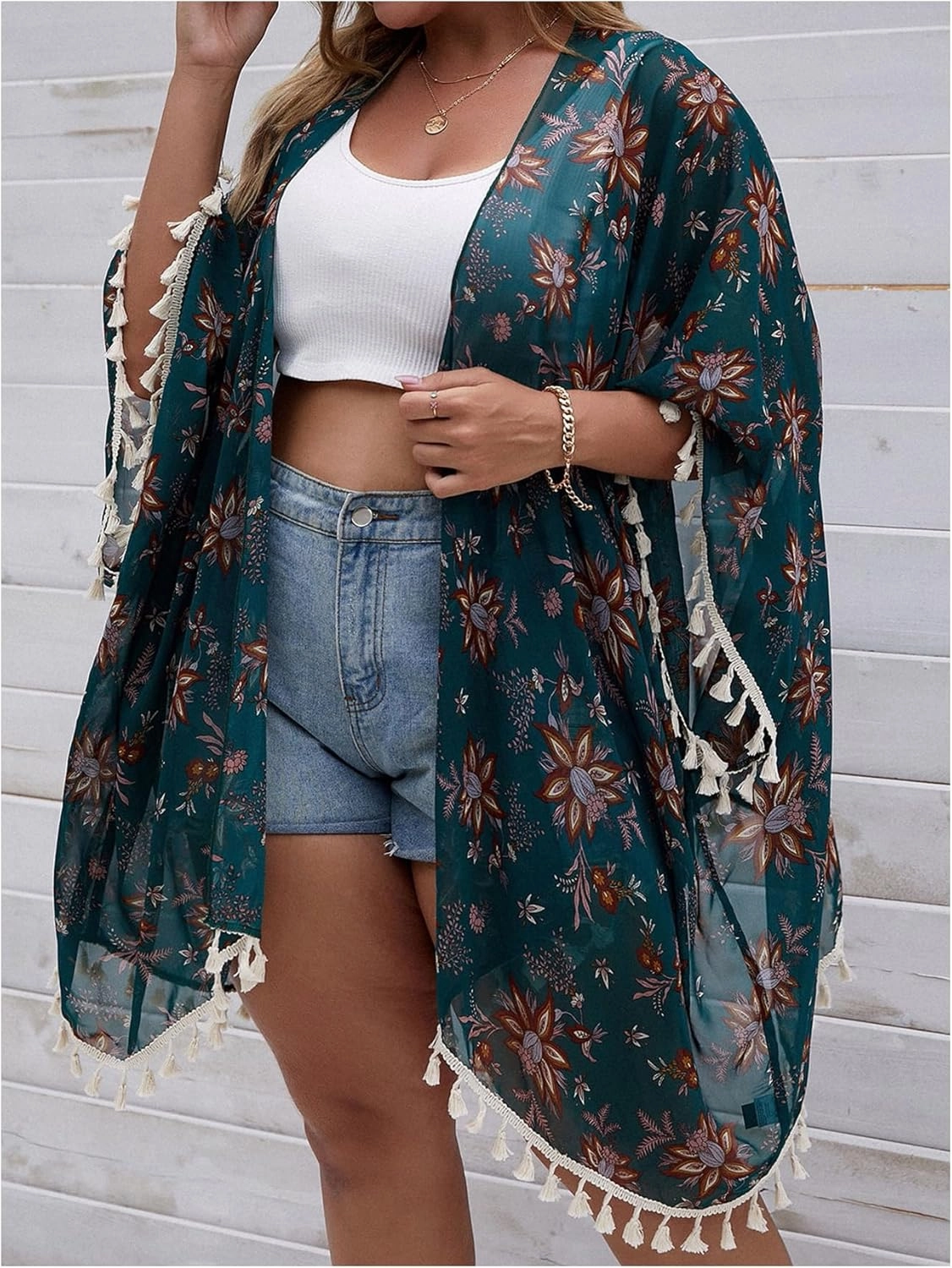 Women's Plus Size Floral Beach Cover Ups Swimsuit 3/4 Sleeve Tassel Kimonos Beachwear