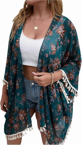 Women's Plus Size Floral Beach Cover Ups Swimsuit 3/4 Sleeve Tassel Kimonos Beachwear