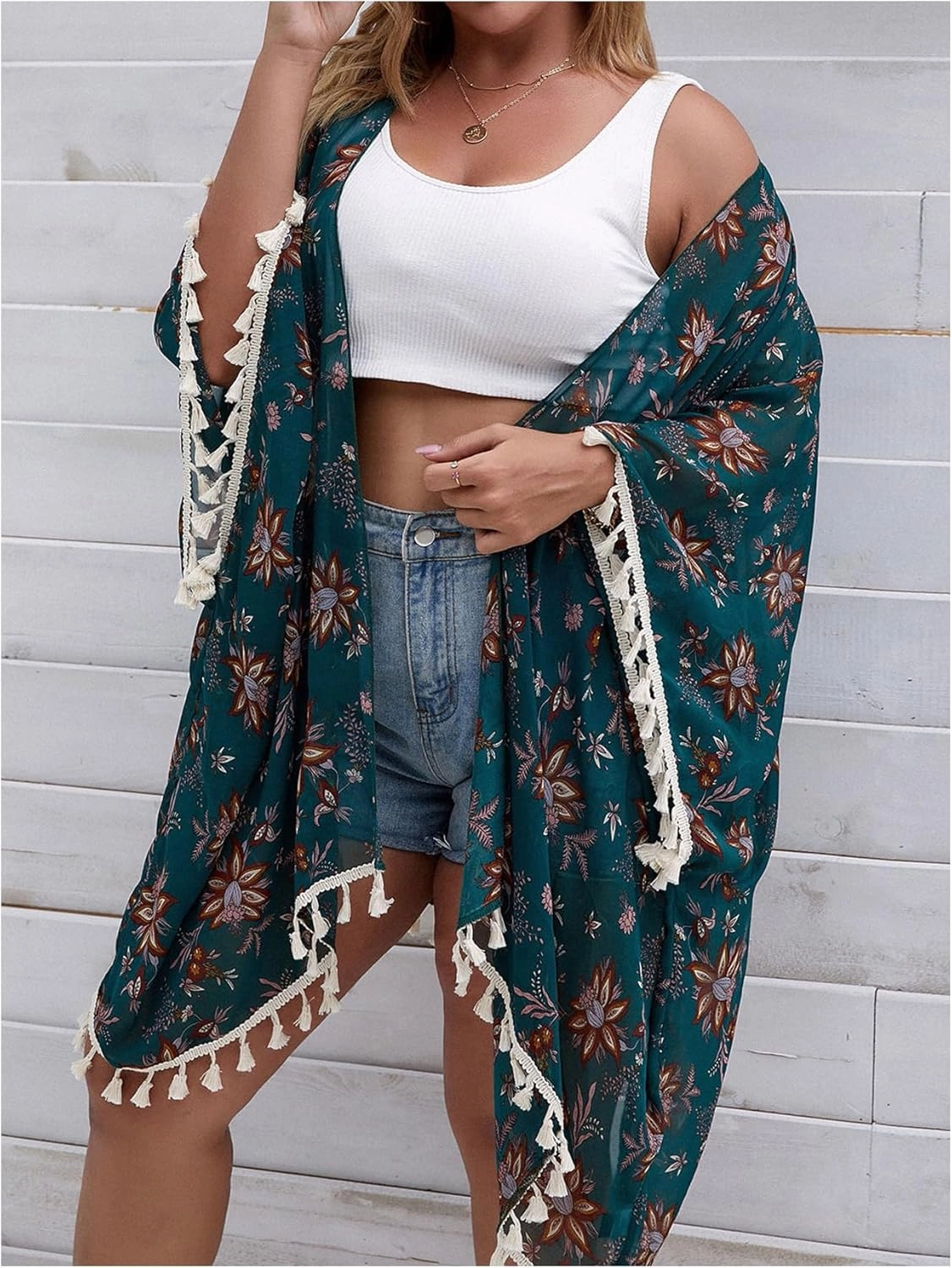 Women's Plus Size Floral Beach Cover Ups Swimsuit 3/4 Sleeve Tassel Kimonos Beachwear