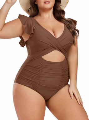Women's Plus Size One Piece Swimsuit Tummy Control V Neck Bathing Suit Cutout Ruffle Swimwear