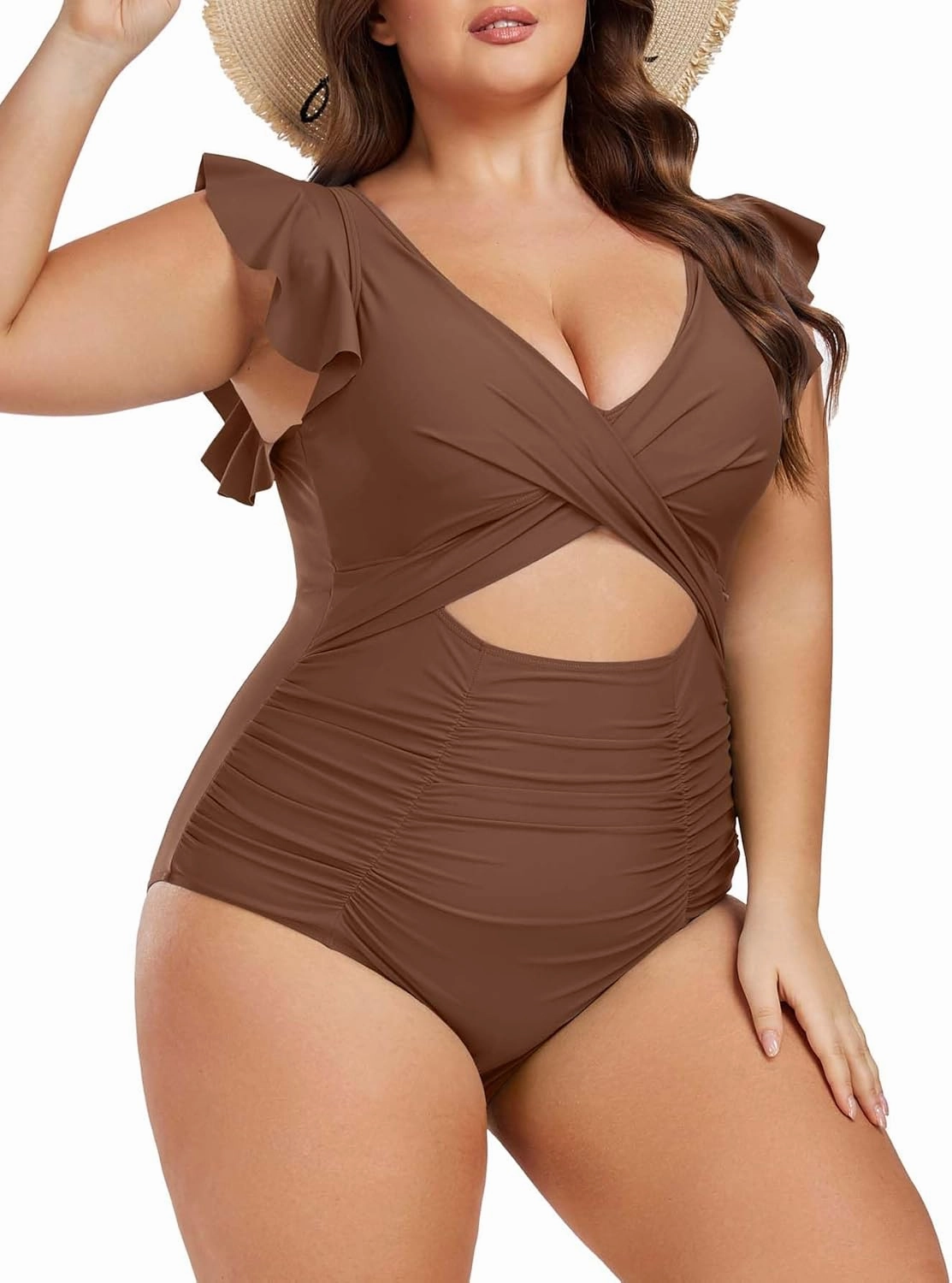 Women's Plus Size One Piece Swimsuit Tummy Control V Neck Bathing Suit Cutout Ruffle Swimwear