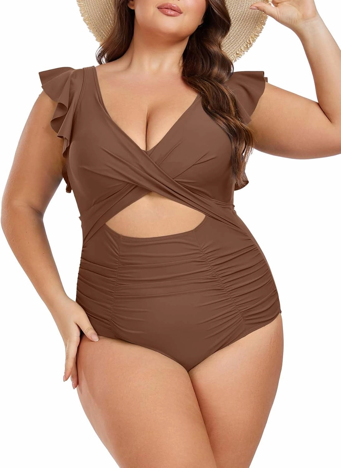Women's Plus Size One Piece Swimsuit Tummy Control V Neck Bathing Suit Cutout Ruffle Swimwear