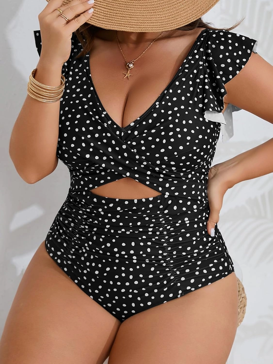 Women's Plus Size One Piece Swimsuit Tummy Control V Neck Bathing Suit Cutout Ruffle Swimwear