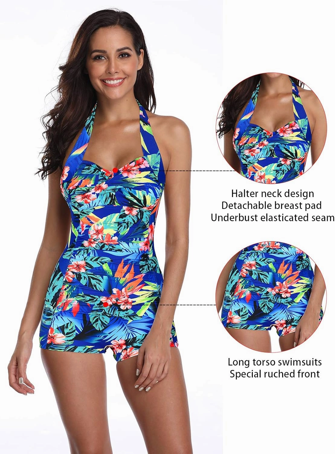 Women's Retro Halter Bathing Suits Vintage One Piece Swimsuit for Women Tummy Control Plus Boy-Leg Ruched Push up Swimsuit