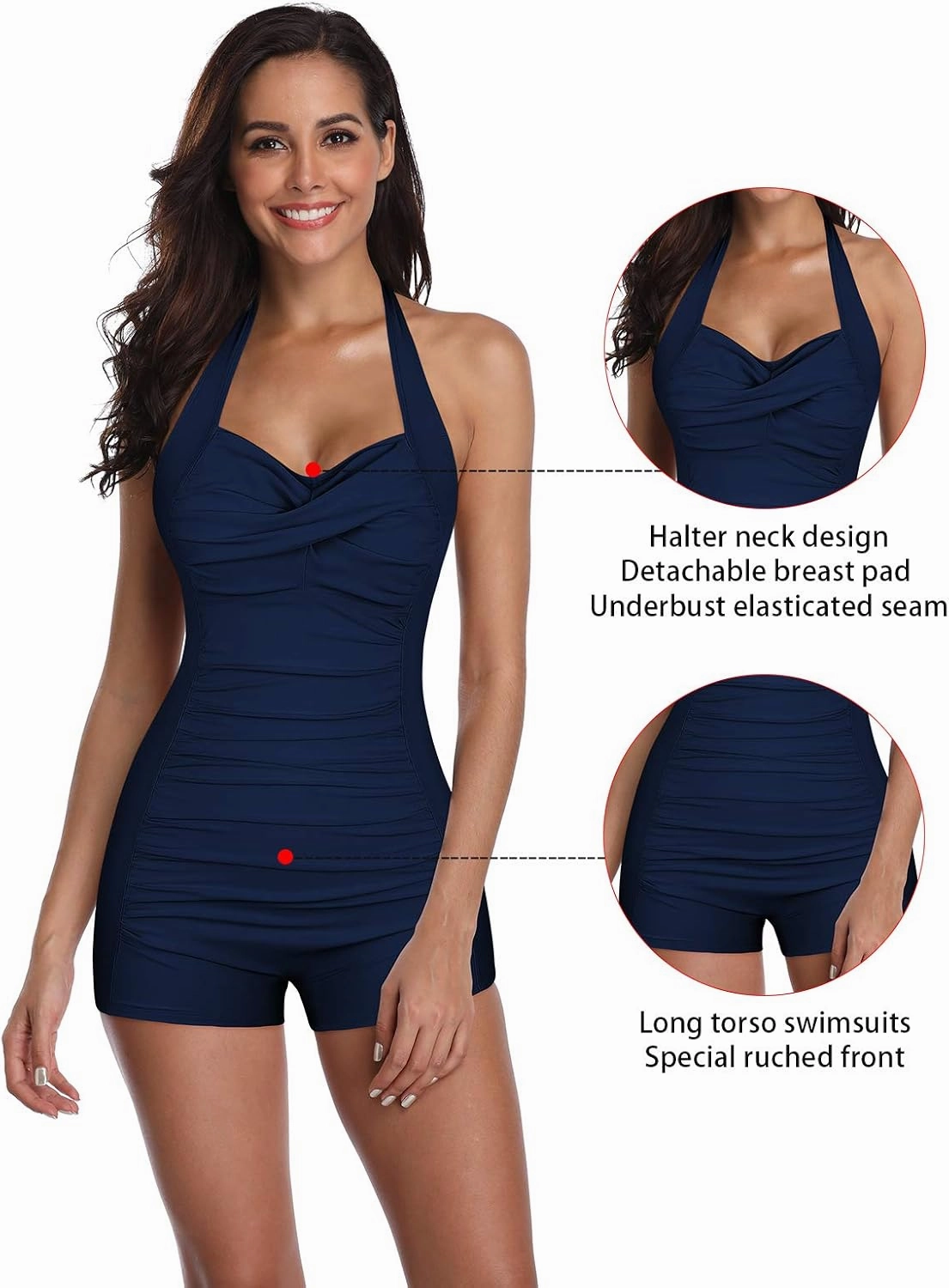 Women's Retro Halter Bathing Suits Vintage One Piece Swimsuit for Women Tummy Control Plus Boy-Leg Ruched Push up Swimsuit