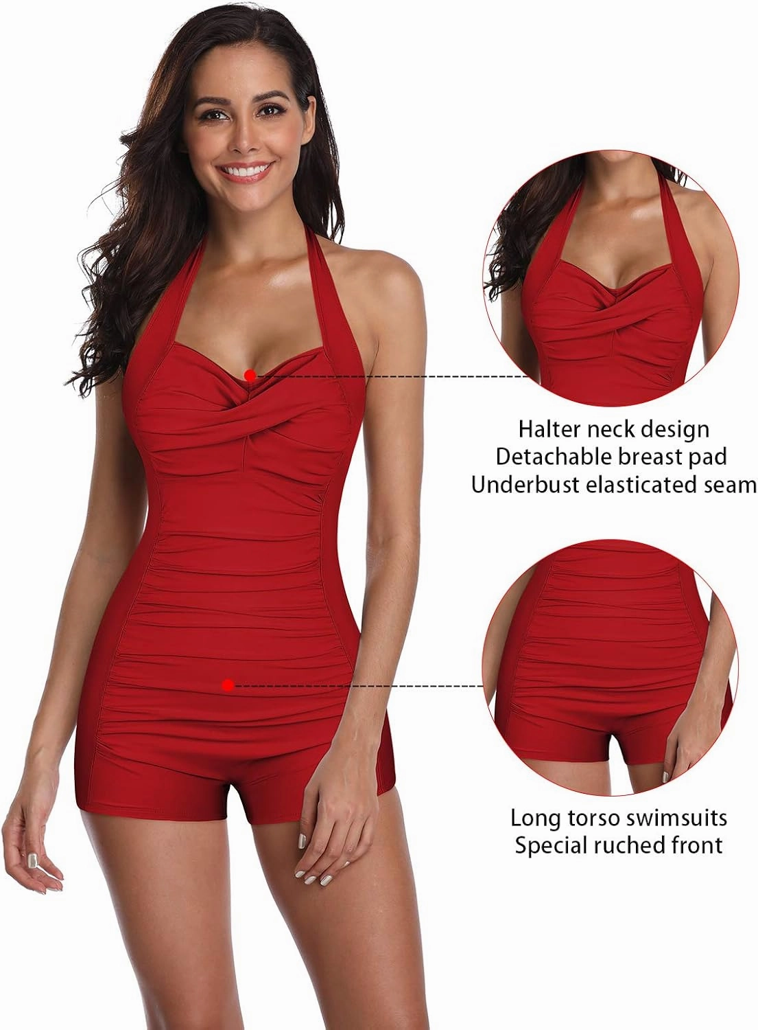 Women's Retro Halter Bathing Suits Vintage One Piece Swimsuit for Women Tummy Control Plus Boy-Leg Ruched Push up Swimsuit