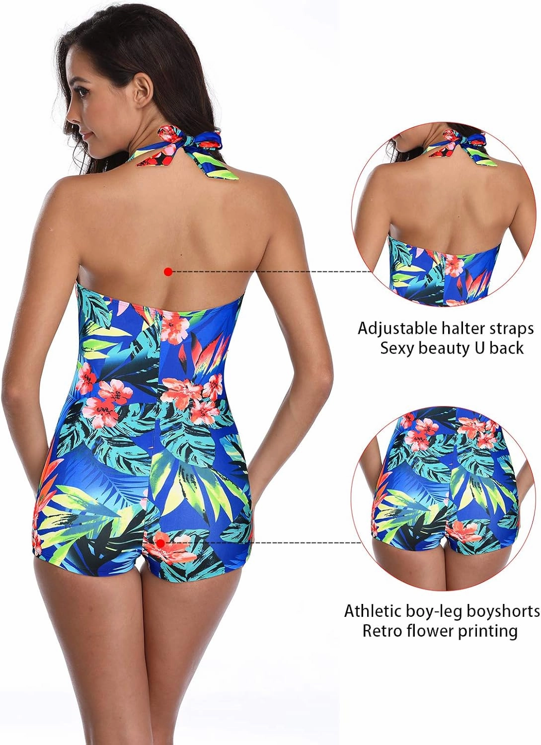 Women's Retro Halter Bathing Suits Vintage One Piece Swimsuit for Women Tummy Control Plus Boy-Leg Ruched Push up Swimsuit