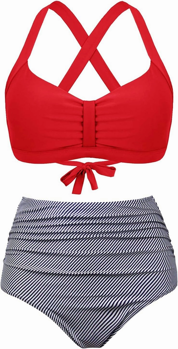 Women's Retro Printed Adjustable Thick Straps Cross Back Push Up Vintage Bikini Swimsuit Tops Only
