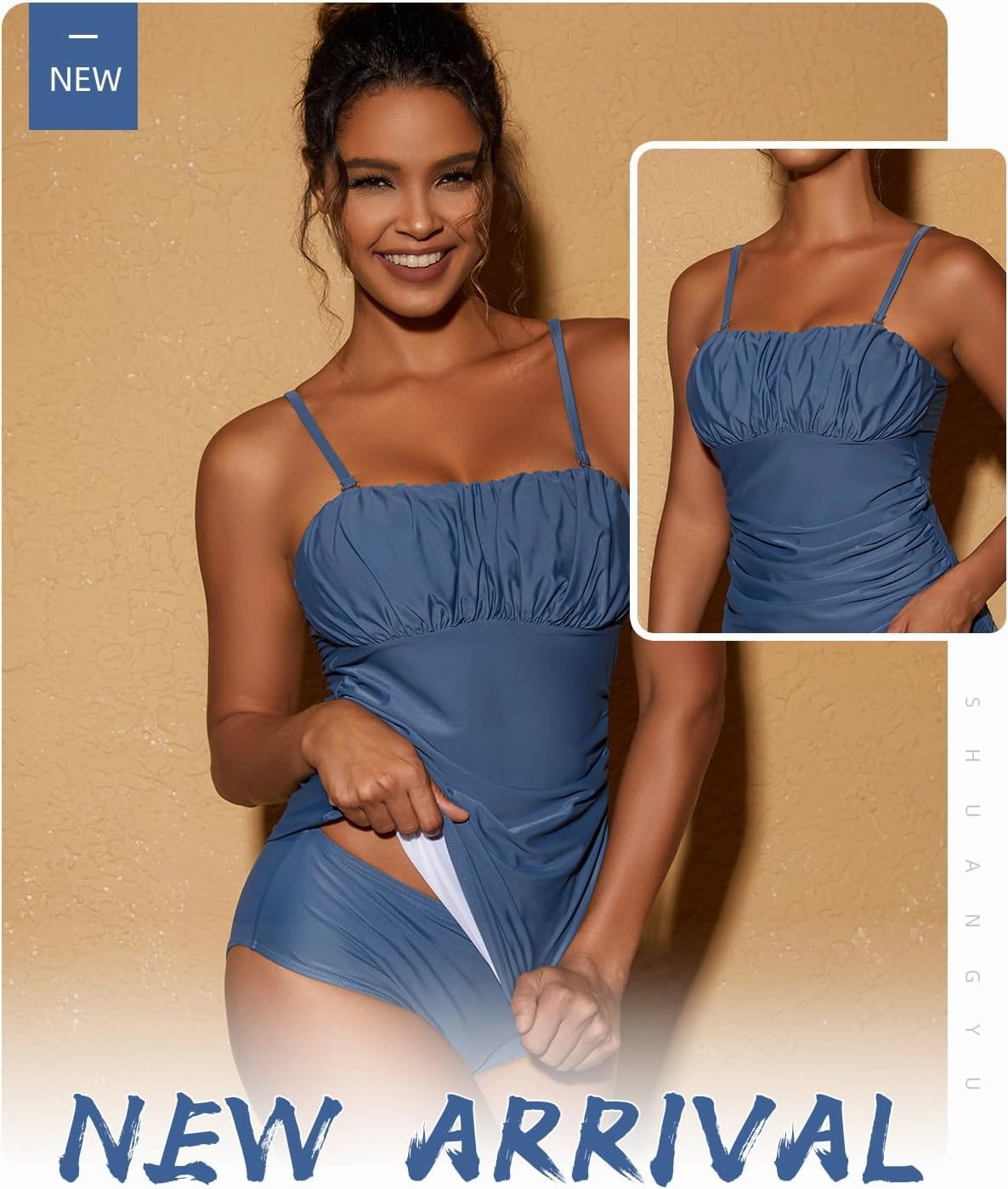 Women's Ruched Square Neck Tankini Set Two Pieces Ruched Tummy Control Suimsuit with Mid Waist Briefs