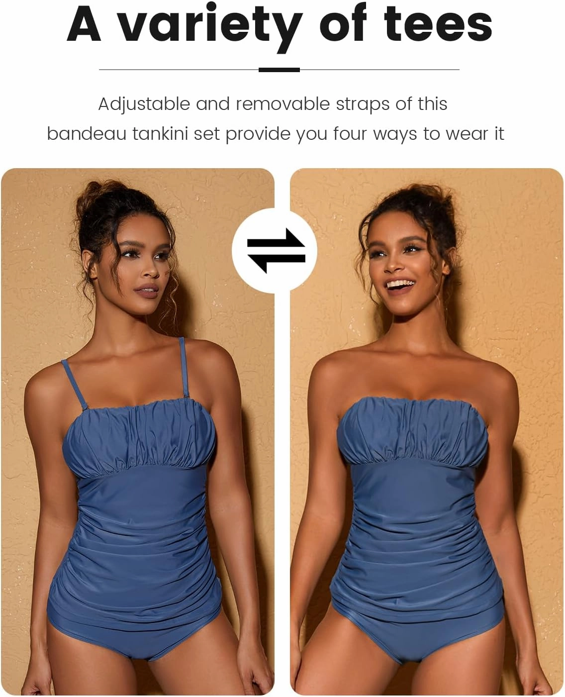 Women's Ruched Square Neck Tankini Set Two Pieces Ruched Tummy Control Suimsuit with Mid Waist Briefs