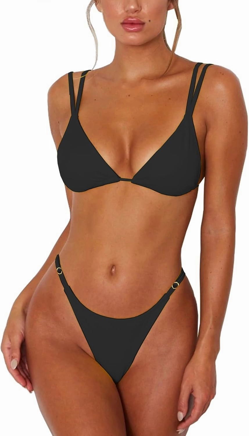 Women's Sexy Thong Bottom Two Piece Bikini Double Shoulder Straps Cute Swimsuit Triangle Bathing Suit
