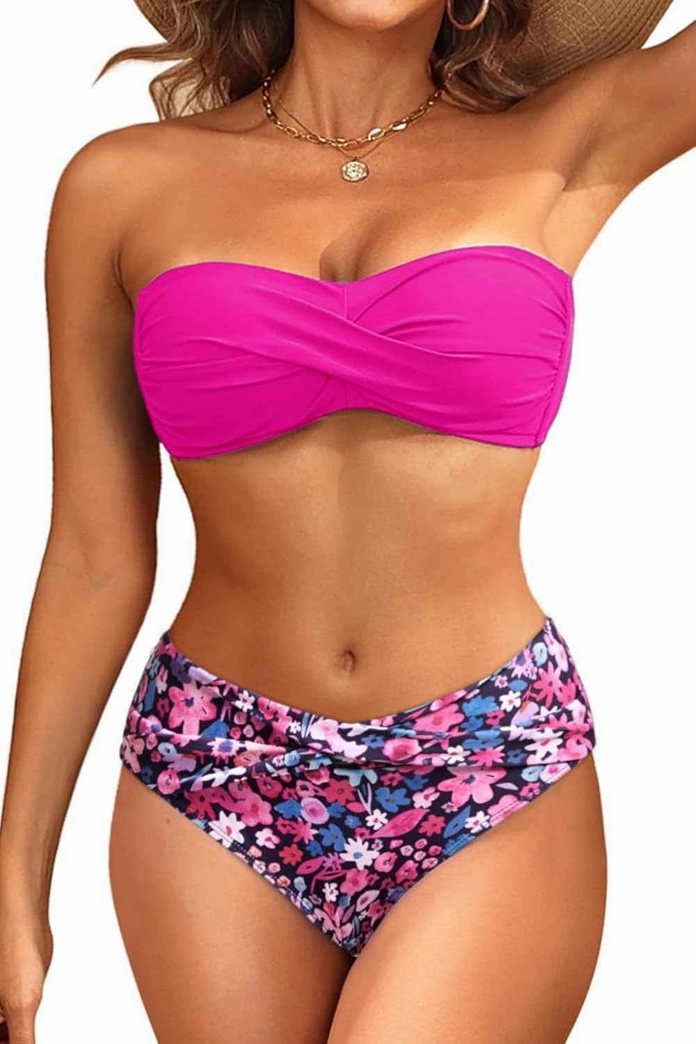 Women's Strapless Bandeau Bikini Set - Twist Front Two Piece Swimsuit with Side Tie Bathing Suit Bottom
