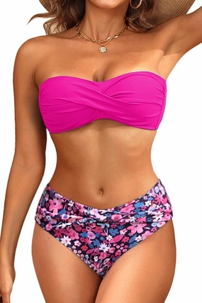 Women's Strapless Bandeau Bikini Set - Twist Front Two Piece Swimsuit with Side Tie Bathing Suit Bottom