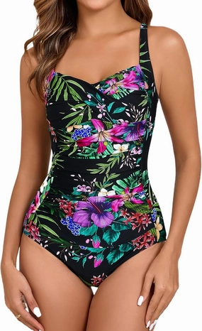 Women's Tummy Control One Piece Swimsuit Ruched Push Up Swimming Vintage Retro Bathing Suits