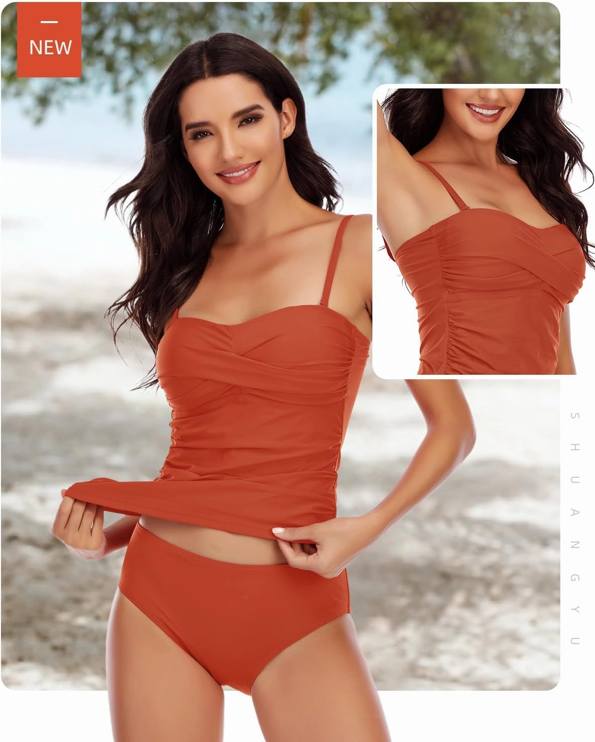 Women's Twist Front Bandeau Tankini Set Two Pieces Ruched Tummy Control Suimsuit with Mid Waist Briefs