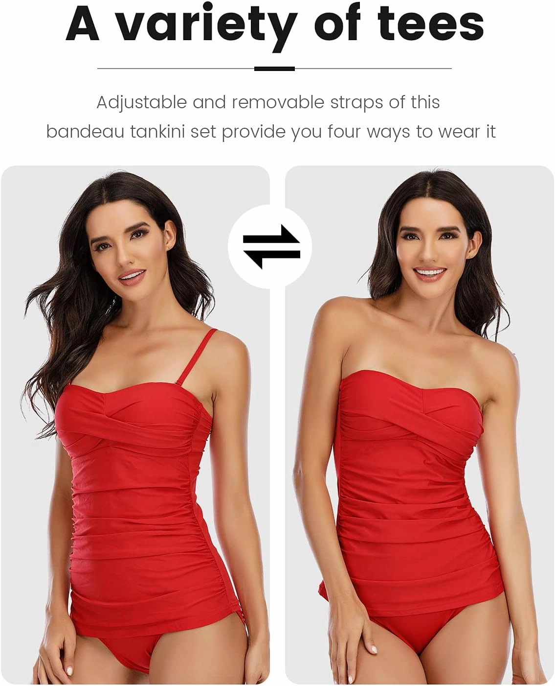 Women's Twist Front Bandeau Tankini Set Two Pieces Ruched Tummy Control Suimsuit with Mid Waist Briefs