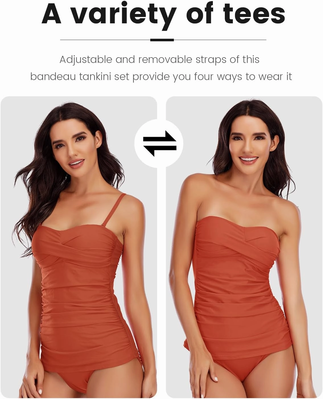 Women's Twist Front Bandeau Tankini Set Two Pieces Ruched Tummy Control Suimsuit with Mid Waist Briefs