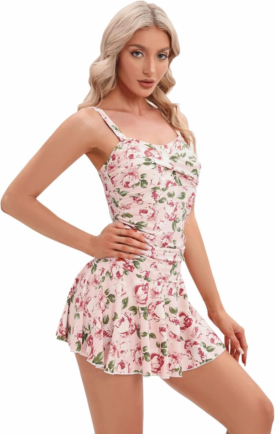 Women's Vintage One Piece Swimdress Floral Print Swimsuits Ruffle Skirt Bathing Suits Tummy Control Swimwear