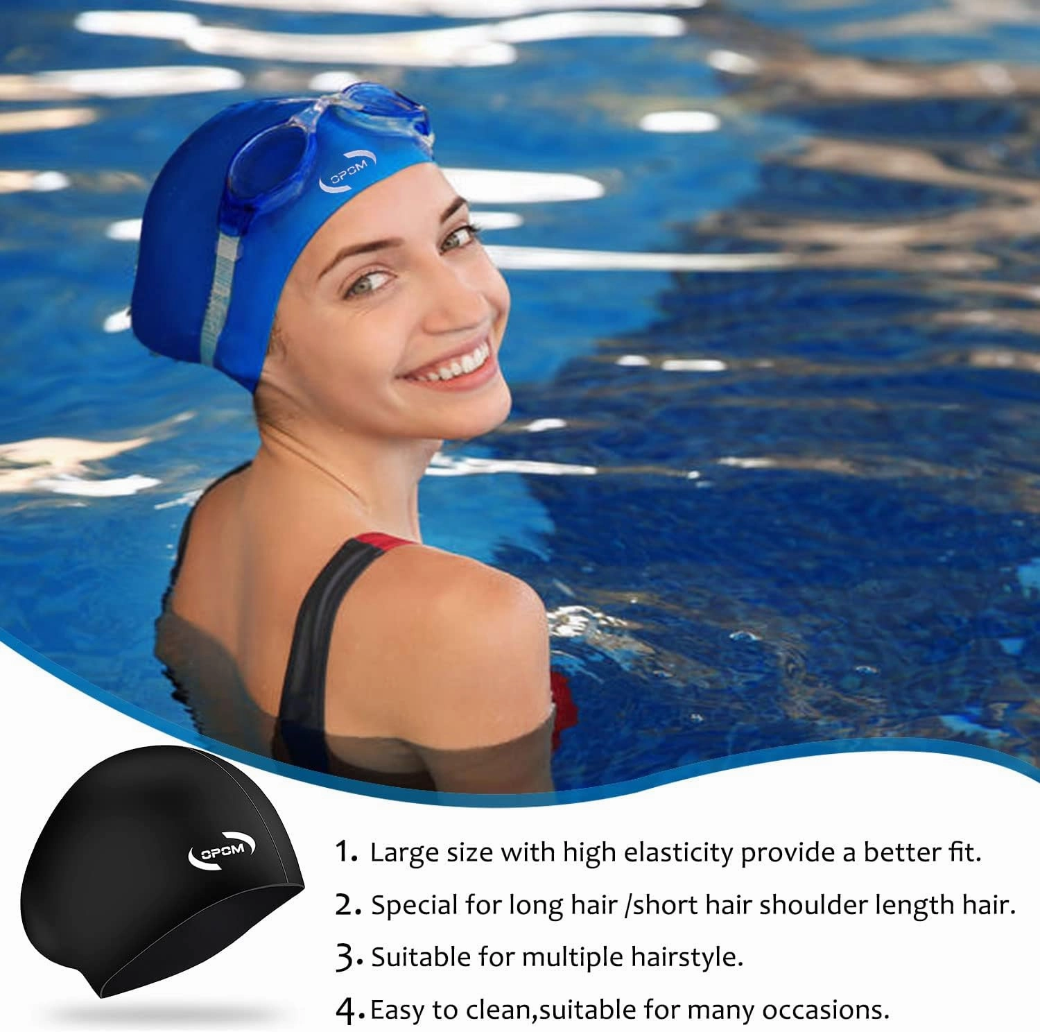 Women Silicone Swimming Cap, High Elasticity Thick Swim Hats for Long Hair, Bathing Swimming Caps for Women and Men Keep Your Hair Dry, with Ear Plugs and Nose Clip, Easy to Put On and Off