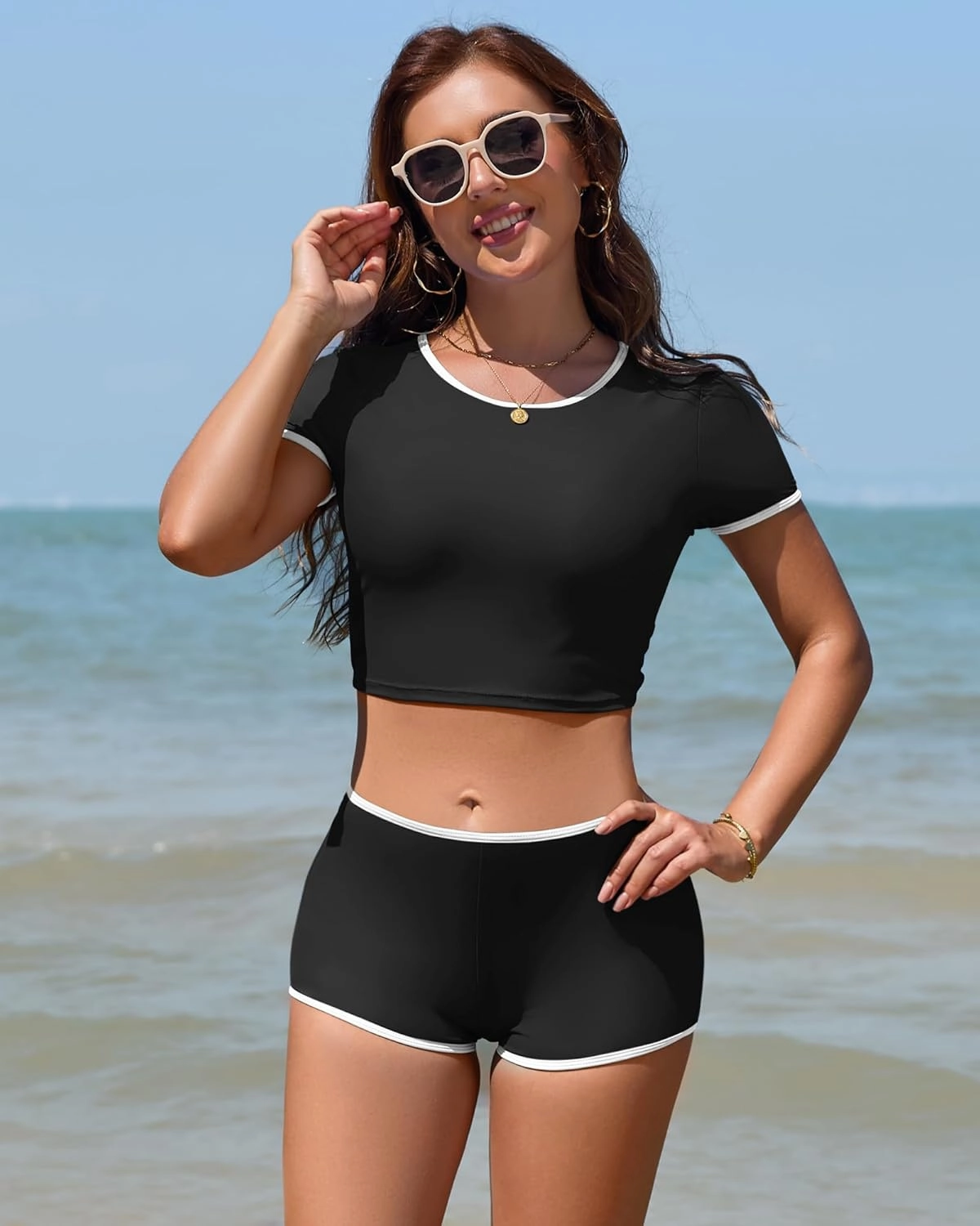 Women Sporty Tummy Control Swimsuit Color Block High Waisted Bikini Set Two Piece Bathing Suit Full Coverage Shorts