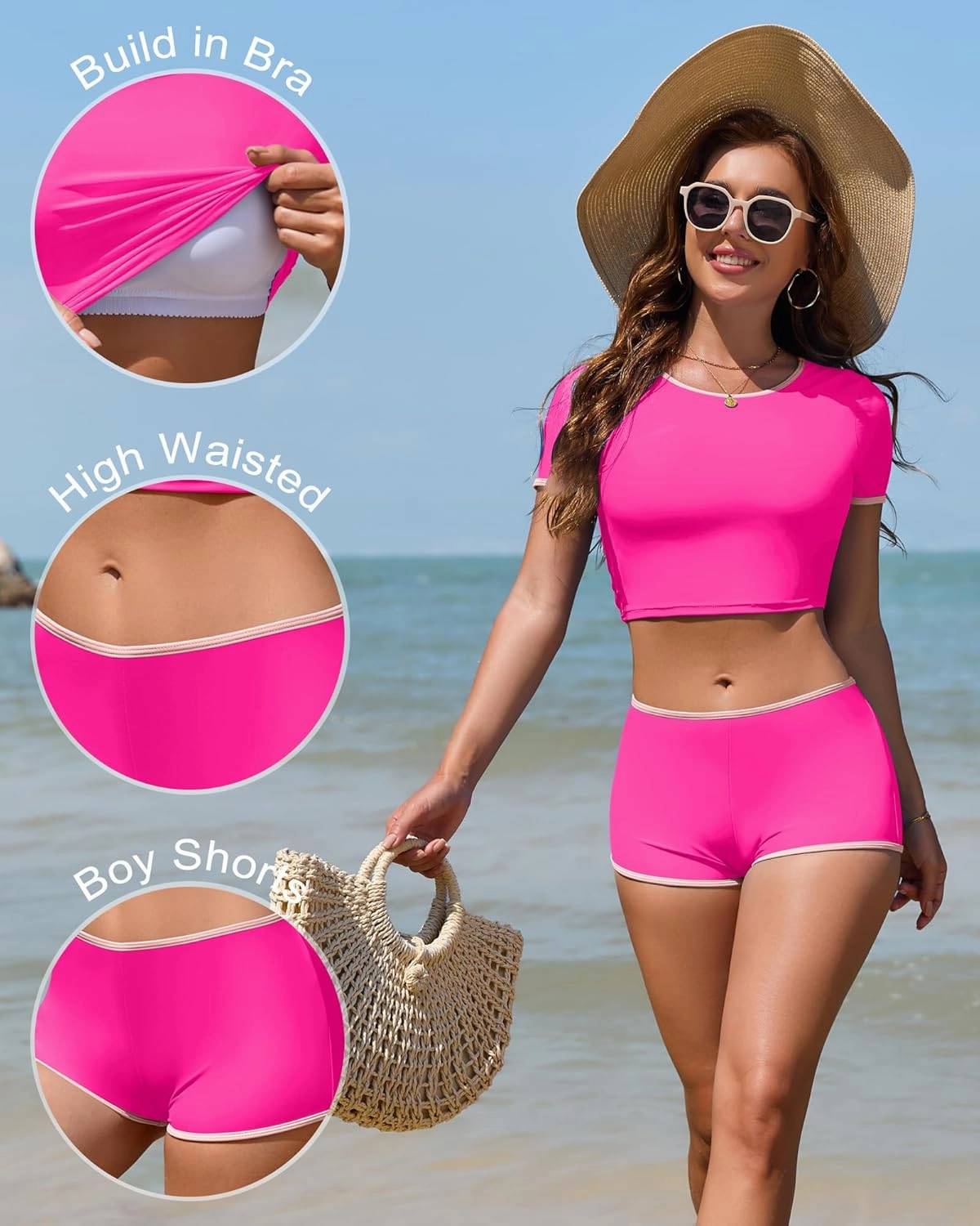 Women Sporty Tummy Control Swimsuit Color Block High Waisted Bikini Set Two Piece Bathing Suit Full Coverage Shorts