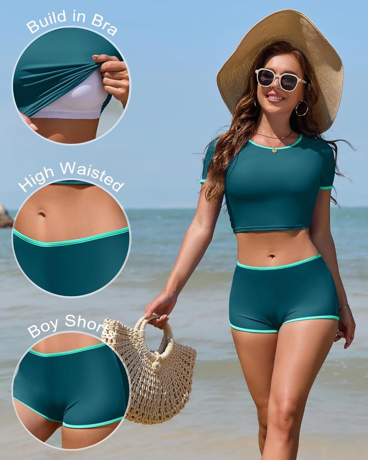 Women Sporty Tummy Control Swimsuit Color Block High Waisted Bikini Set Two Piece Bathing Suit Full Coverage Shorts