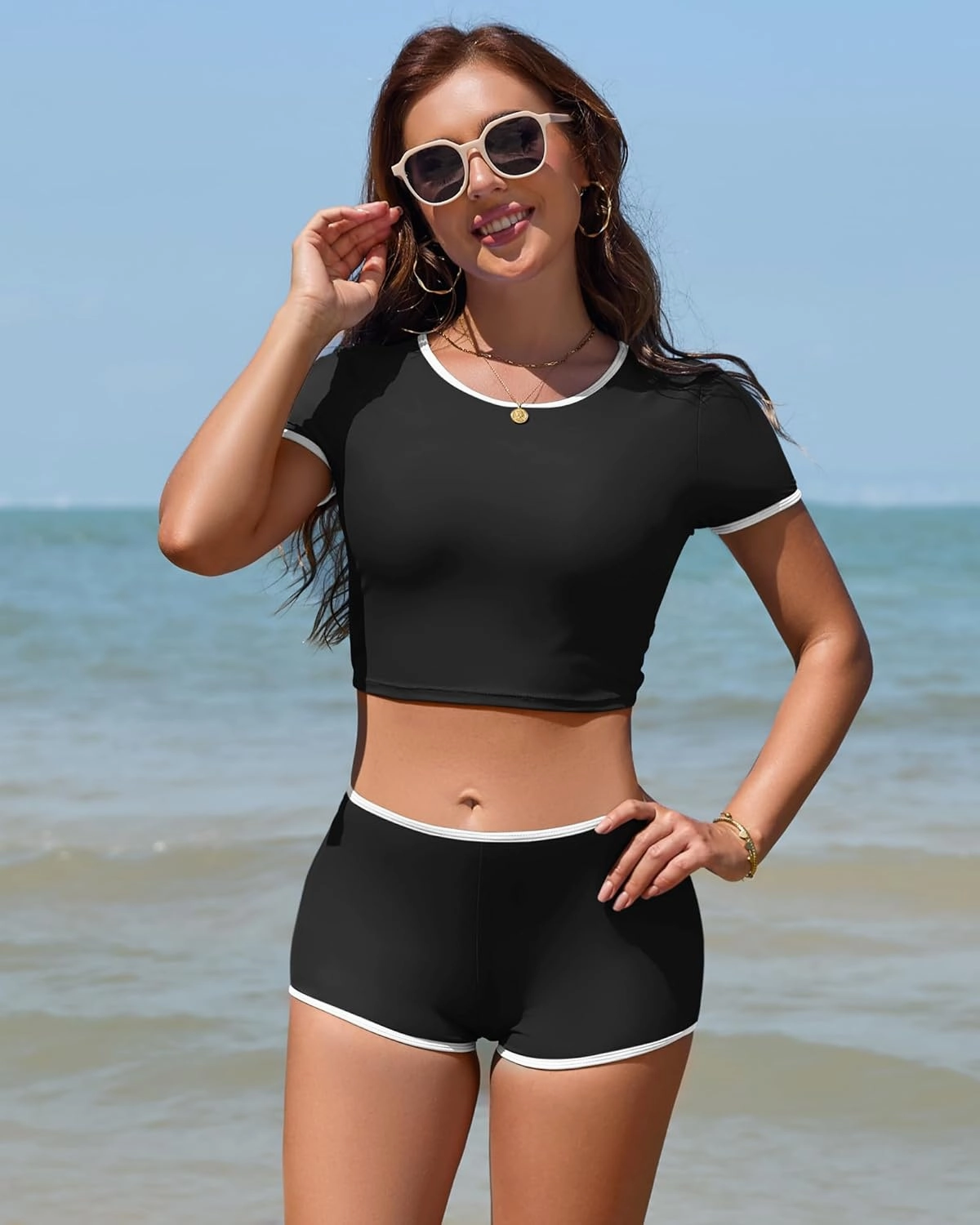 Women Sporty Tummy Control Swimsuit Color Block High Waisted Bikini Set Two Piece Bathing Suit Full Coverage Shorts
