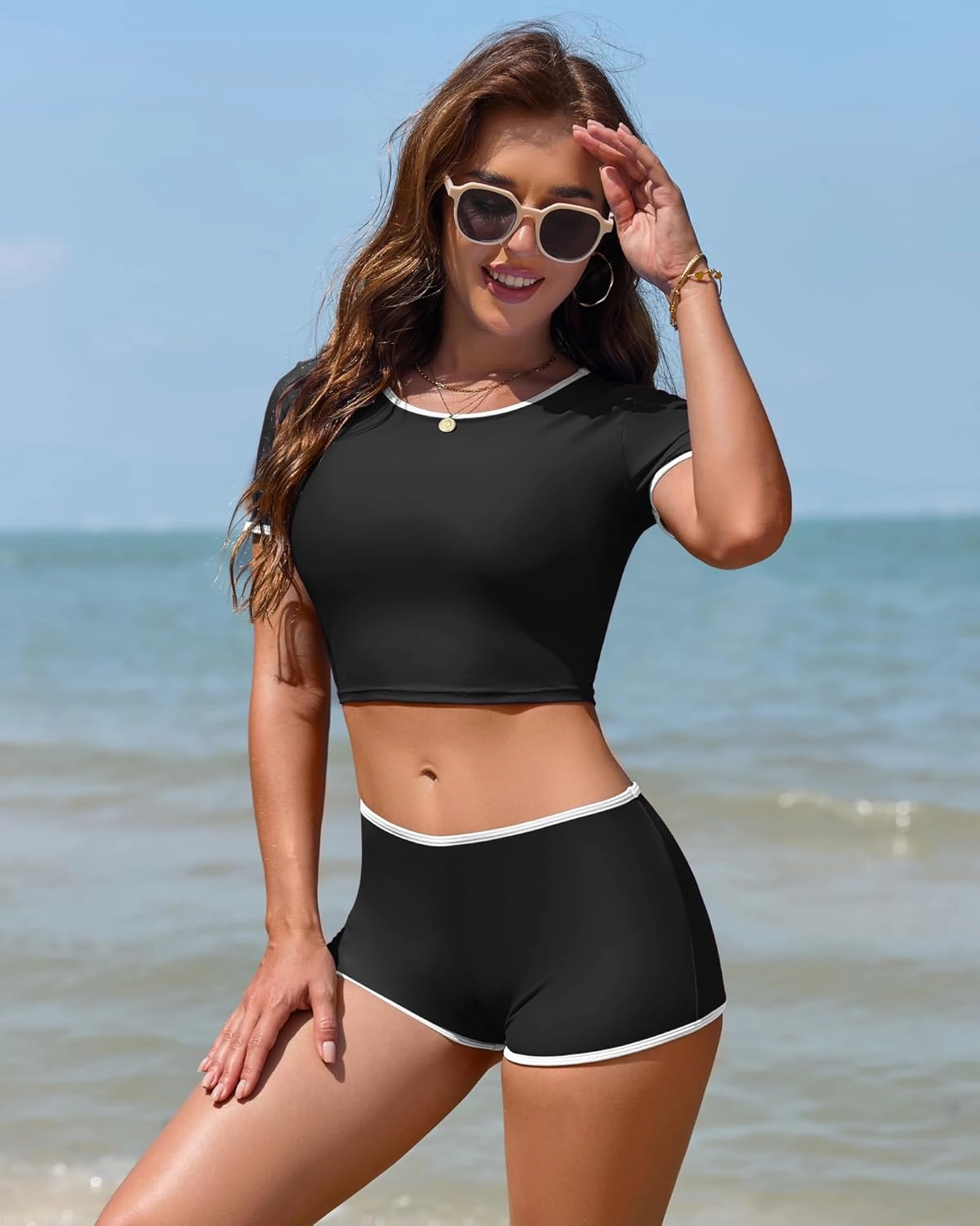 Women Sporty Tummy Control Swimsuit Color Block High Waisted Bikini Set Two Piece Bathing Suit Full Coverage Shorts