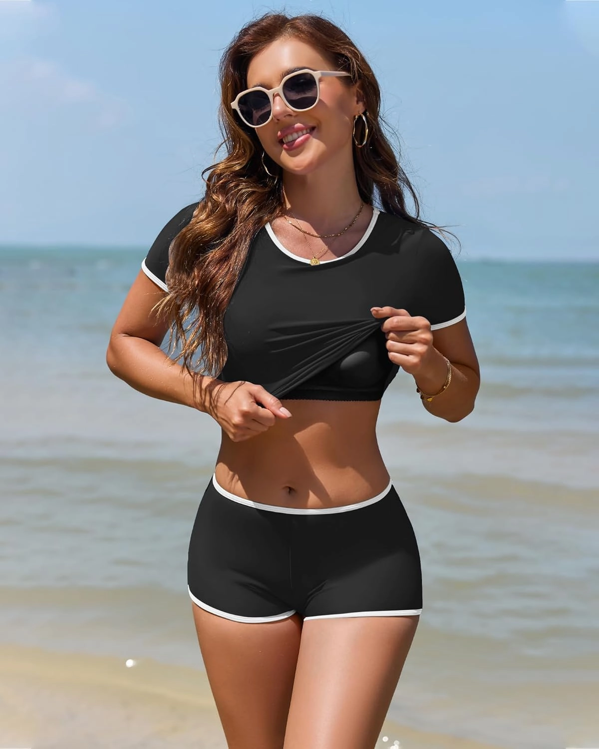 Women Sporty Tummy Control Swimsuit Color Block High Waisted Bikini Set Two Piece Bathing Suit Full Coverage Shorts