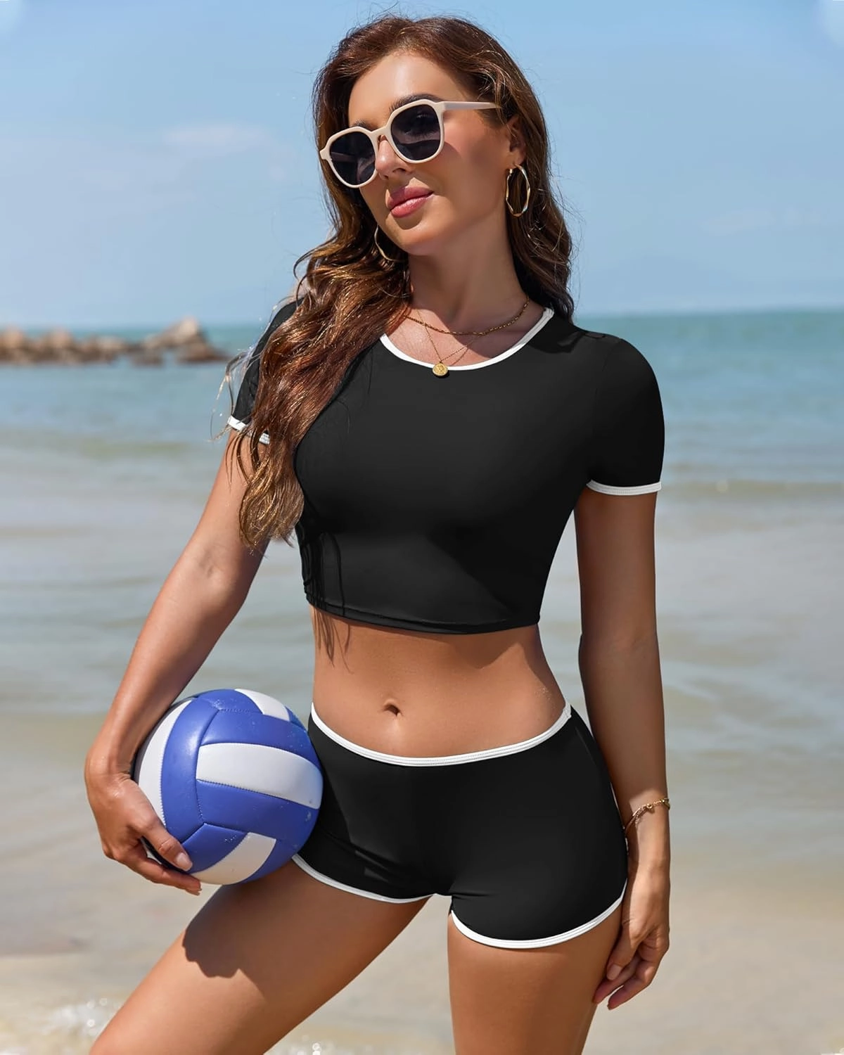 Women Sporty Tummy Control Swimsuit Color Block High Waisted Bikini Set Two Piece Bathing Suit Full Coverage Shorts