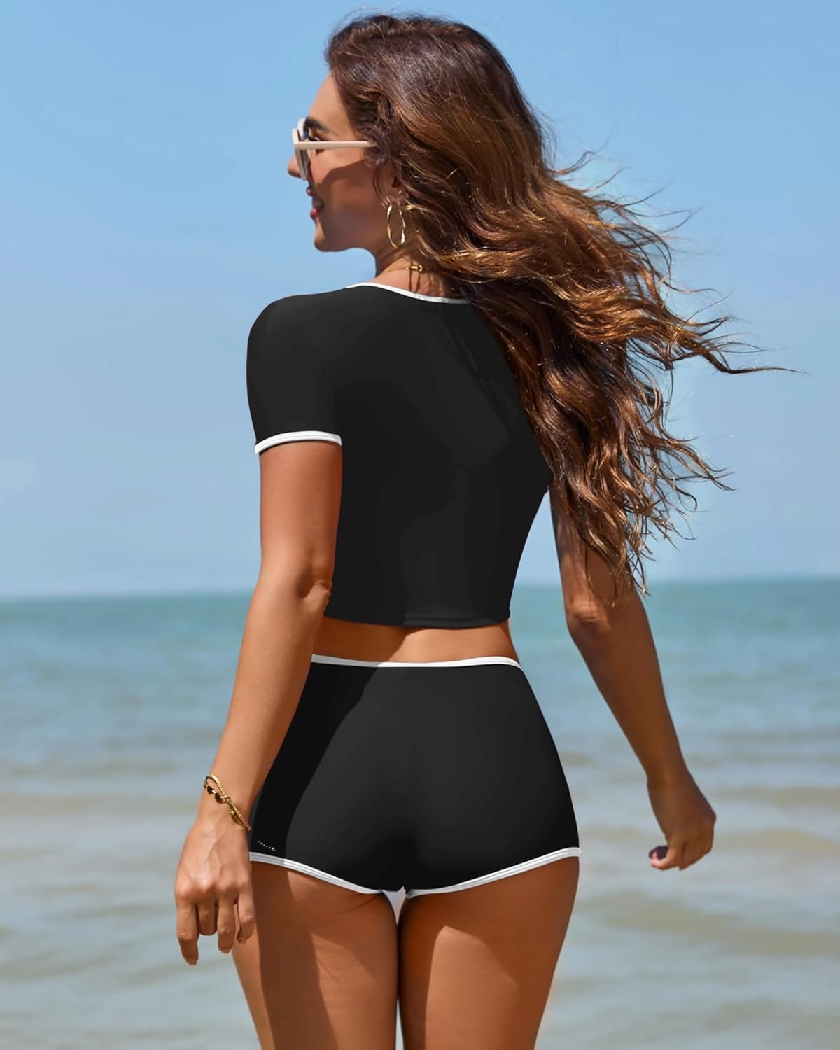 Women Sporty Tummy Control Swimsuit Color Block High Waisted Bikini Set Two Piece Bathing Suit Full Coverage Shorts
