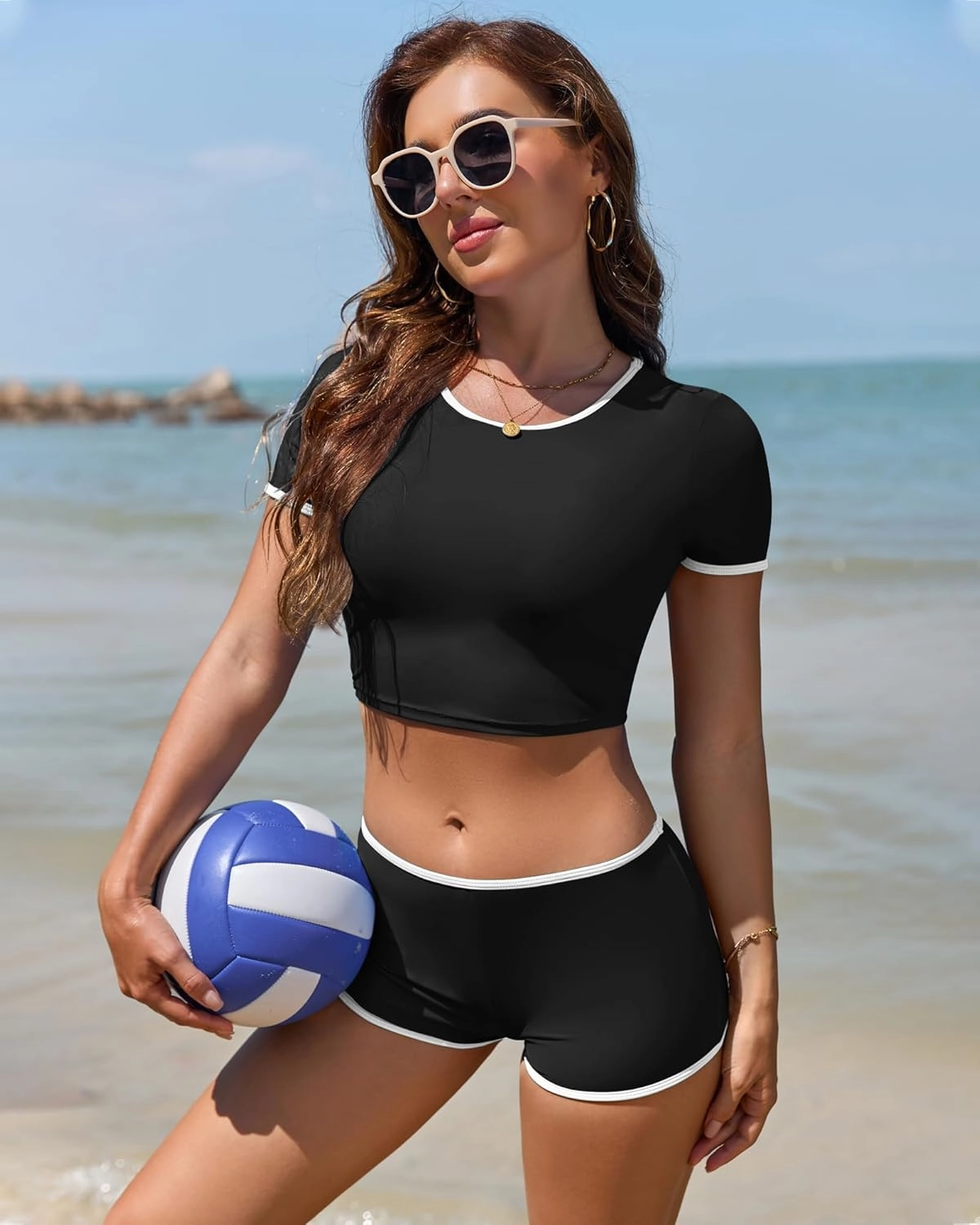 Women Sporty Tummy Control Swimsuit Color Block High Waisted Bikini Set Two Piece Bathing Suit Full Coverage Shorts