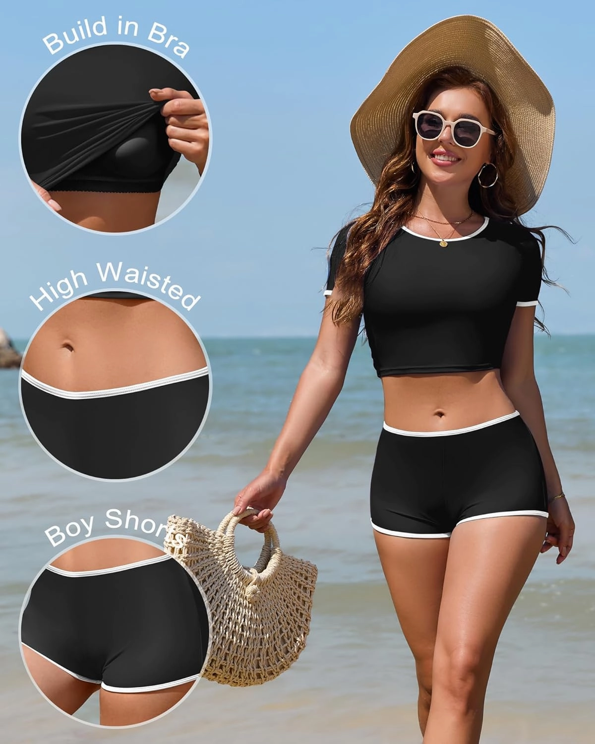 Women Sporty Tummy Control Swimsuit Color Block High Waisted Bikini Set Two Piece Bathing Suit Full Coverage Shorts