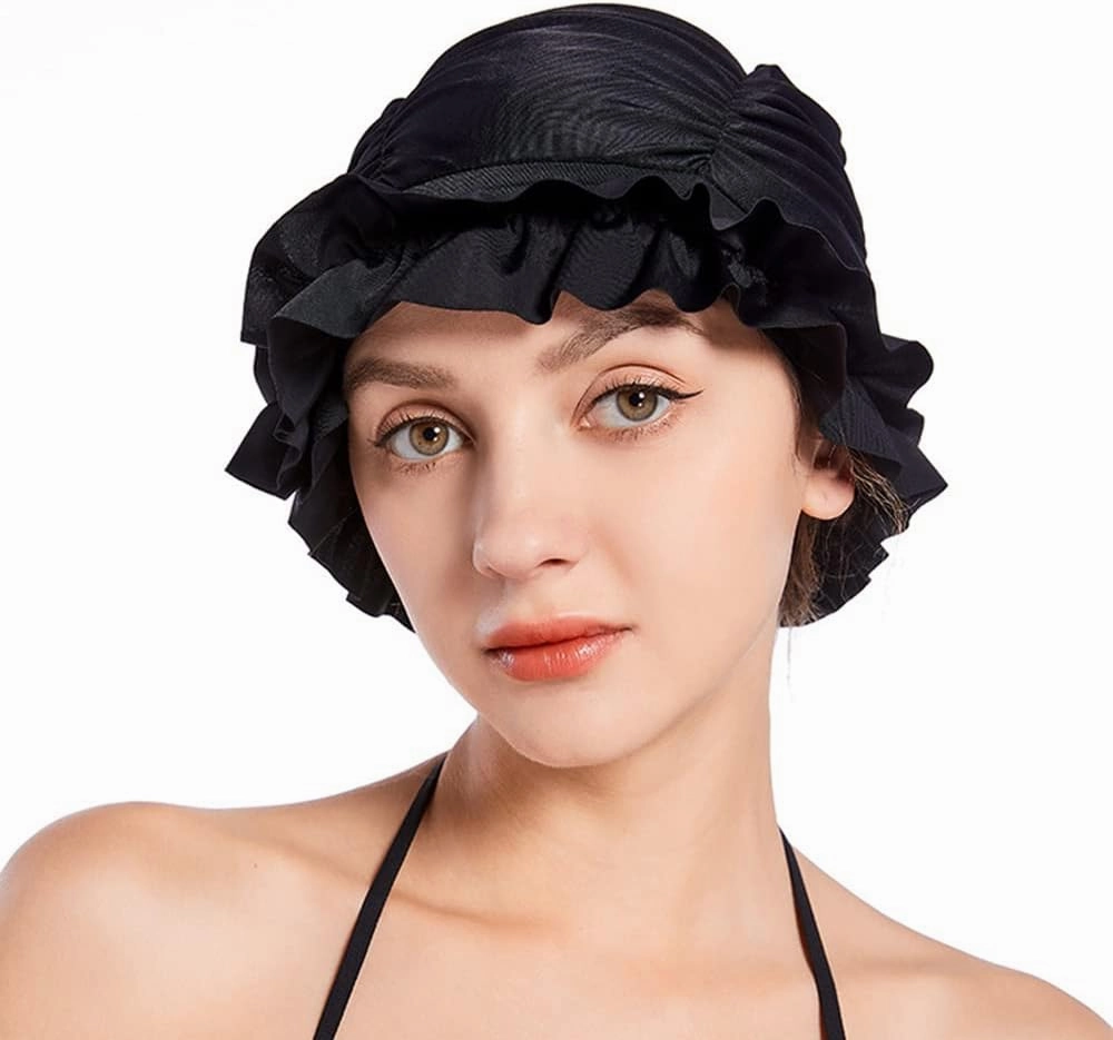 Women Swim Bathing Cap Vintage Elastic Swim Turban Retro Ruffles Swimming Hat Pool Party Ruffles Beanie Cap Non-Waterproof