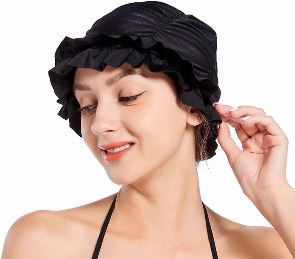 Women Swim Bathing Cap Vintage Elastic Swim Turban Retro Ruffles Swimming Hat Pool Party Ruffles Beanie Cap Non-Waterproof