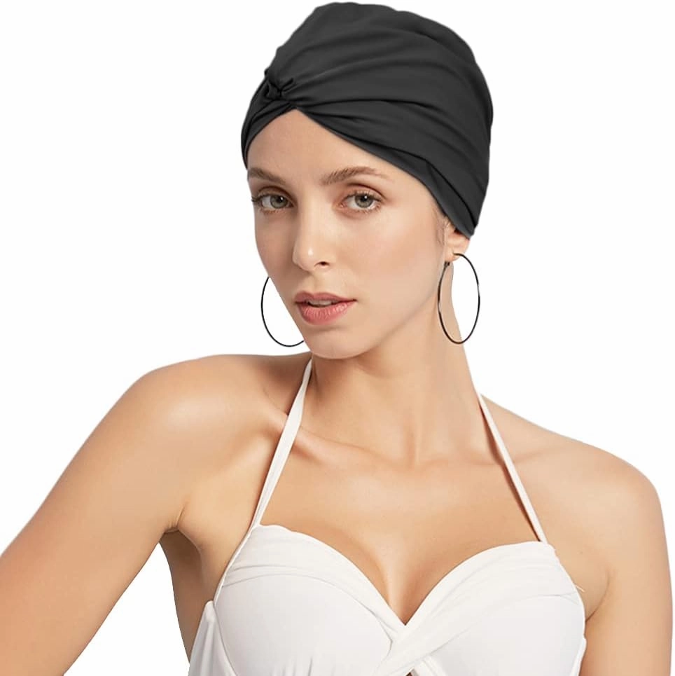 Women Swim Cap Elastic Swim Turban Cap Cover Ear Bath Pool Swimming Cap Pleated Shower Cap for Long Short Weave Curls Hair