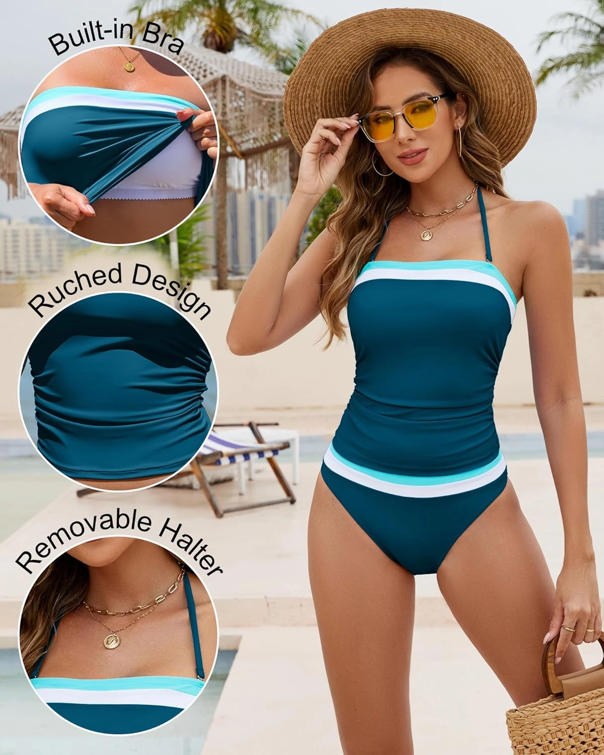 Women Two Piece Bandeau Swimsuit - Bathing Suit Tummy Control Color Block Bikini Set Coverage Strapless Top Tankini