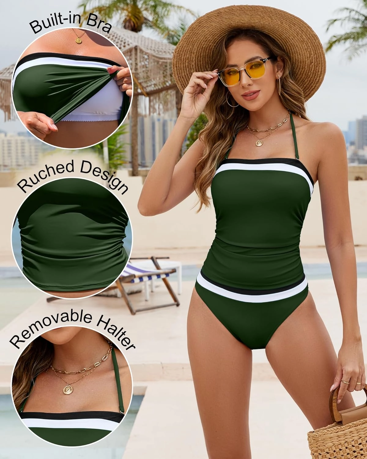 Women Two Piece Bandeau Swimsuit - Bathing Suit Tummy Control Color Block Bikini Set Coverage Strapless Top Tankini
