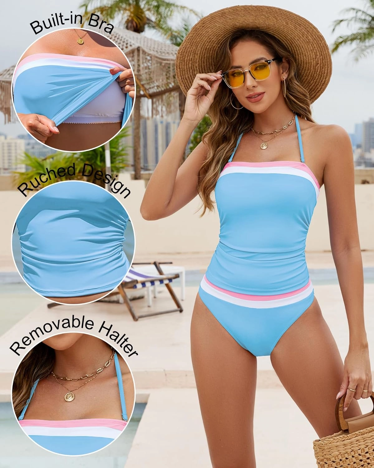 Women Two Piece Bandeau Swimsuit - Bathing Suit Tummy Control Color Block Bikini Set Coverage Strapless Top Tankini