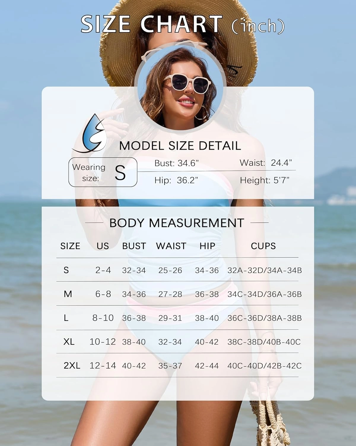 Women Two Piece Bandeau Swimsuit - Bathing Suit Tummy Control Color Block Bikini Set Coverage Strapless Top Tankini