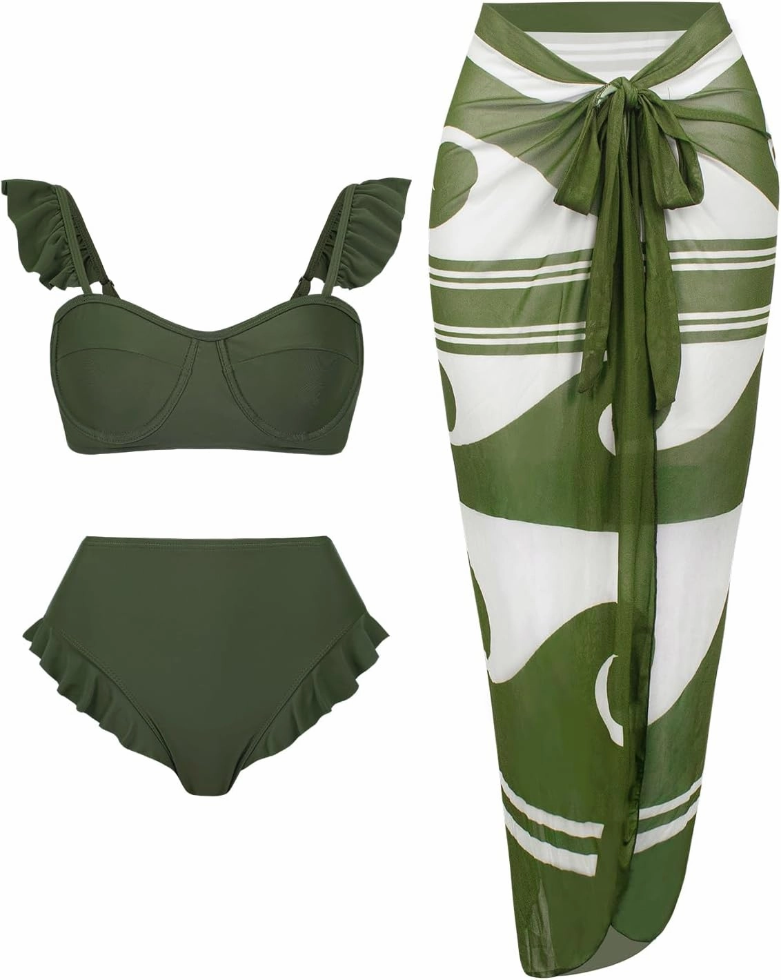 Womens 3 Piece Swimsuits with Cover Up 3 Pieces Bikini Set with Sarong High Waisted Bikini with Beach Cover Up Set
