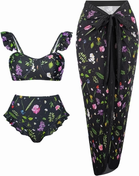 Womens 3 Piece Swimsuits with Cover Up 3 Pieces Bikini Set with Sarong High Waisted Bikini with Beach Cover Up Set