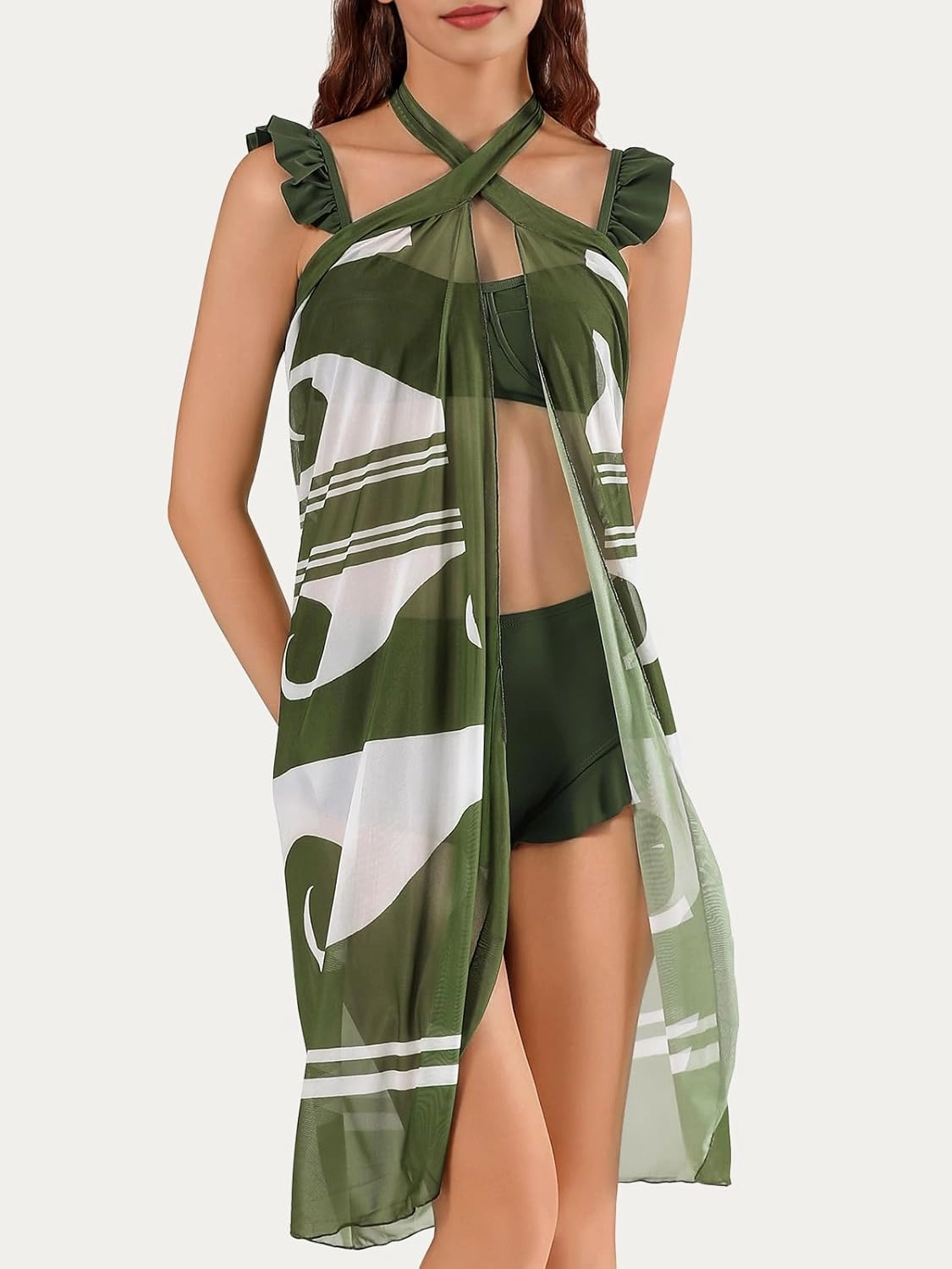 Womens 3 Piece Swimsuits with Cover Up 3 Pieces Bikini Set with Sarong High Waisted Bikini with Beach Cover Up Set