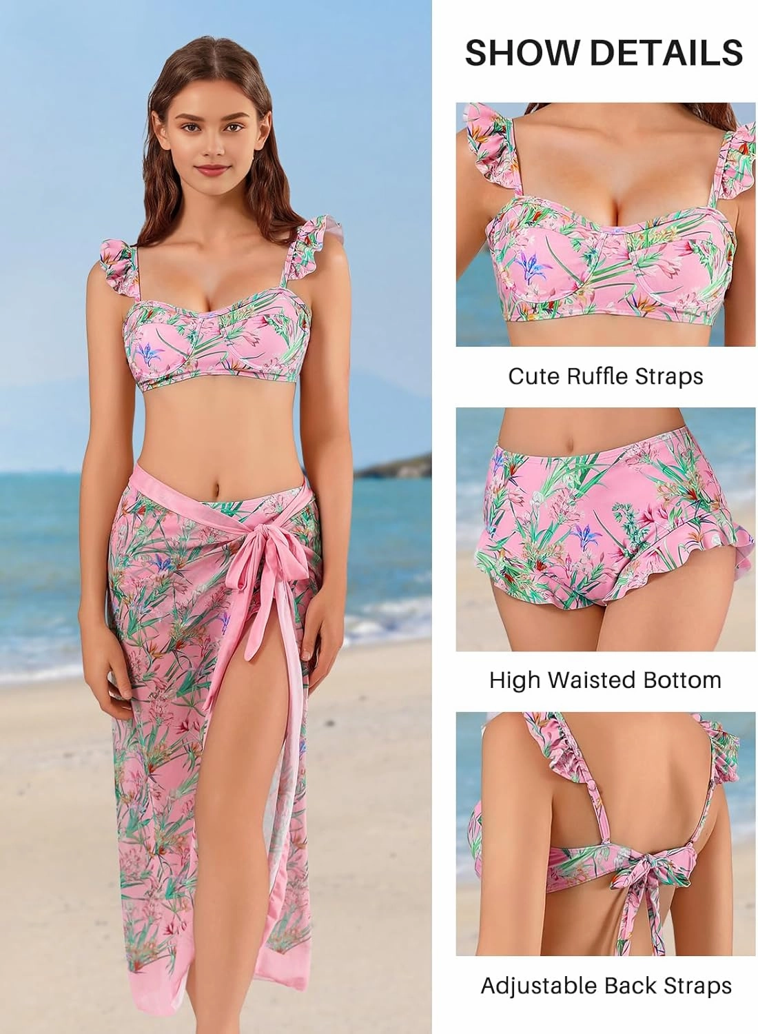 Womens 3 Piece Swimsuits with Cover Up 3 Pieces Bikini Set with Sarong High Waisted Bikini with Beach Cover Up Set