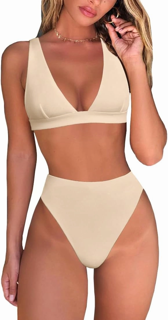 Womens High Waisted Thong Bikini Sets Sexy Brazilian Triangle Top Deep V Neck Two Piece Swimsuit Bathing Suits