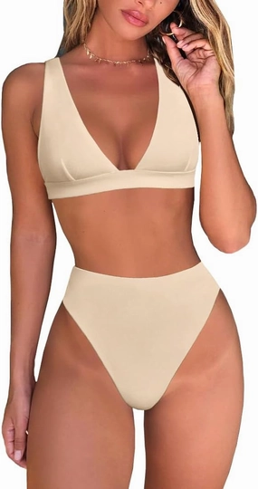 Womens High Waisted Thong Bikini Sets Sexy Brazilian Triangle Top Deep V Neck Two Piece Swimsuit Bathing Suits