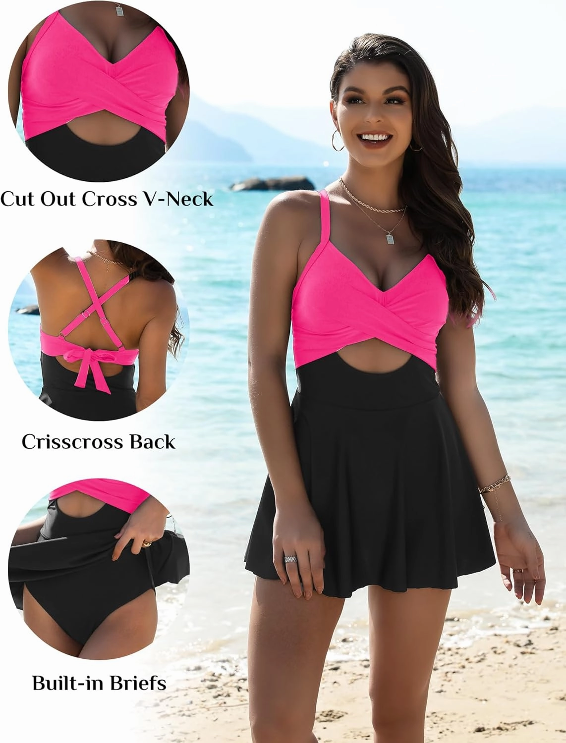 Womens One Piece Swimsuit Cut Out Cross V-Neck Swimdresses with Tummy Control Bottom Bathing Swim Suit Women 2025