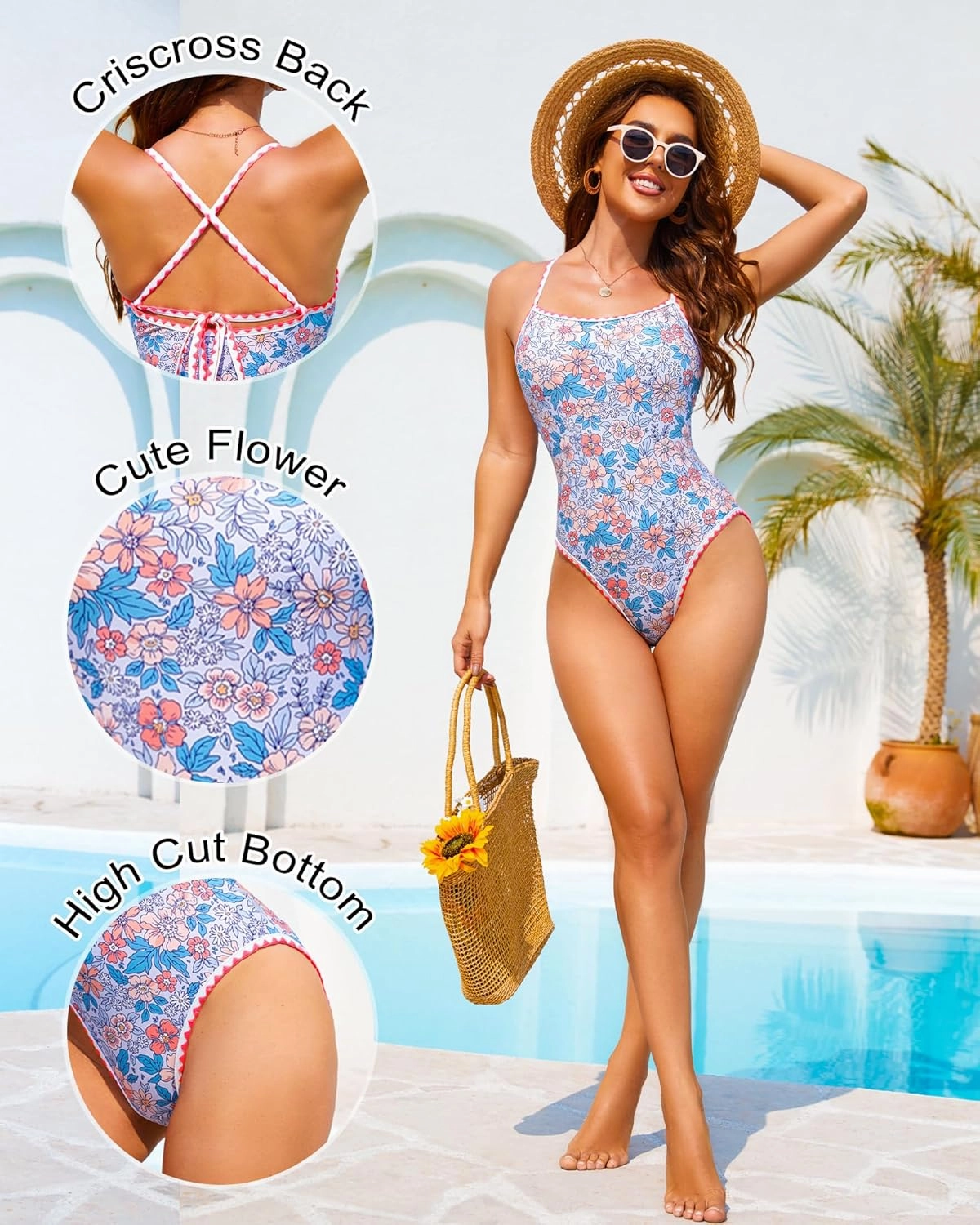 Womens One Piece Swimsuit Tummy Control Modest Bathing Suit Teen Girls Swim Suit Cute Floral Swimwear